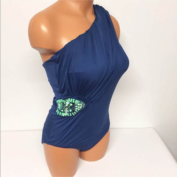 Badgley Mischka Beaded One Shoulder Swimsuit. NWOT - Picture 3 of 8